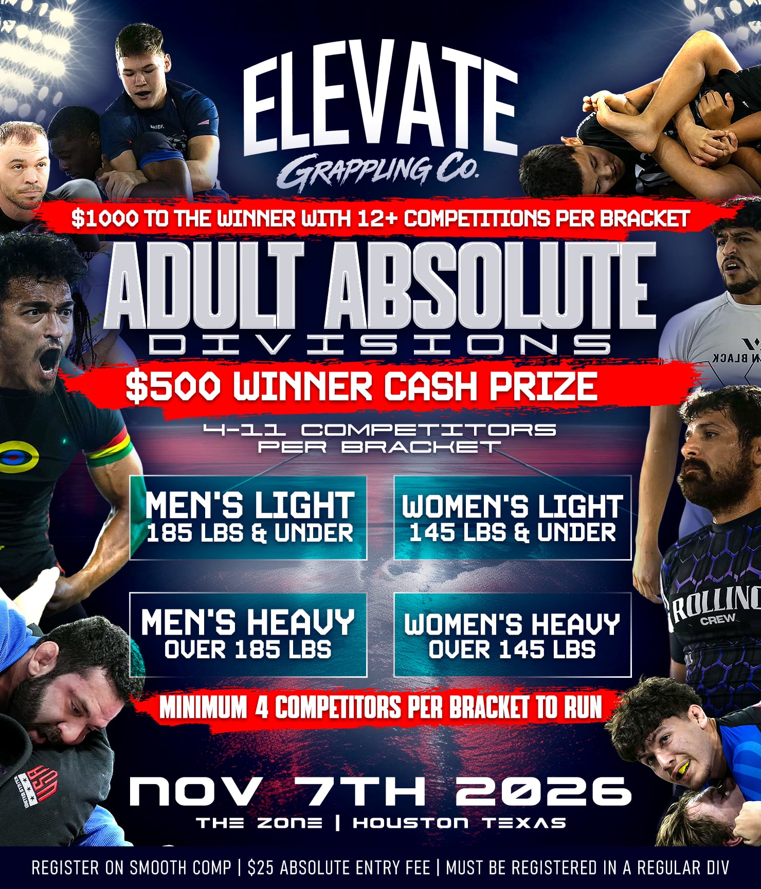 Elevate Grappling Co. tournament Adult Absolute Divisions, Nov 7, 2026, The Zone, Houston TX, Smoothcomp registration